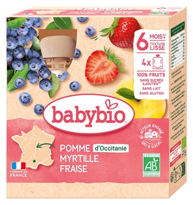 Babybio Appel Bosbes Aardbei 6 Maanden en Ouder Biologisch 4 x 90g Flessen