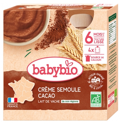 Babybio Creme de Sêmola Cacau 8 Meses e + Bio 4 Bolsas de 85 g