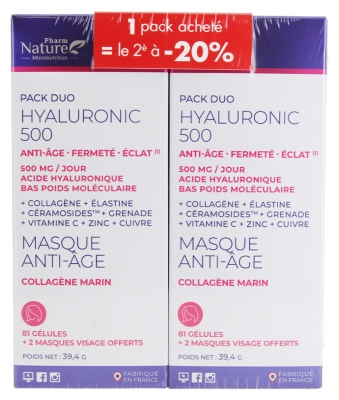 Pharm Nature Hialuronas 500 Senėjimą stabdanti kaukė 2 x 81 kapsulių rinkinys + 4 kaukės dovanų