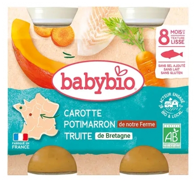 Babybio Cenoura Abóbora-manteiga Truta 8 Meses e + Bio 2 Potes de 200 g