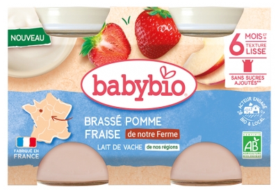 Babybio Brassé Leche de Vaca Manzana Fresa 6 Meses y + BIO 2 x 130 g Tarros