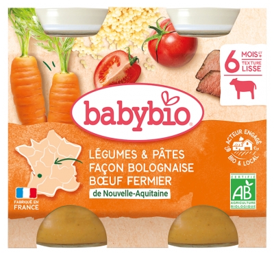 Babybio Groenten & Pasta op z'n Bolognese met boerderijrundvlees 6 maanden en + Bio 2 potjes van 200 g