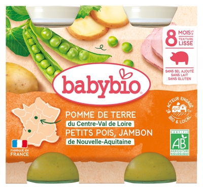 Babybio Kartupeļi, Zirņi, Šķiņķis 8 mēnešus un vecākiem Bērniem Bio 2 burciņas pa 200 g