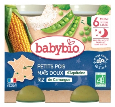 Babybio Geros nakties Žirniai Saldus Kukurūzai Ryžiai 6 Mėnesių ir + Bio 2 Indeliai po 200 g