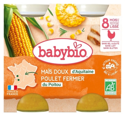Babybio Pollo de Maíz Dulce 8 Meses y + Ecológico 2 Botes de 200 g
