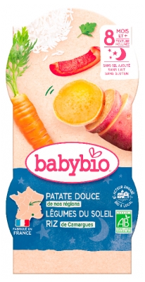 Babybio Dobrou noc Batáty a Sluneční zelenina Rýže 8 měsíců a + Bio 2 misky po 200 g