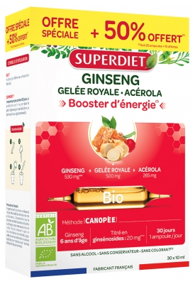 Superdiet Ginseng Gelée Royale Acérola Booster d'Énergie Bio 20 Ampoules + 10 Ampoules Offertes