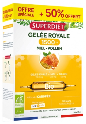 Superdiet Bidronningelegée 1500 mg Honning Pollen Øko 20 Ampuller + 10 Ampuller Tilbudt