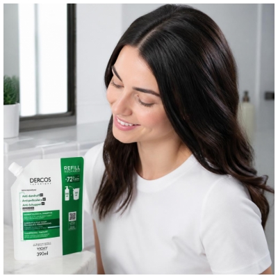 Vichy Dercos Gydomasis šampūnas nuo pleiskanų normaliems/riebiems plaukams Eco-pakartotinis užpildas 390 ml