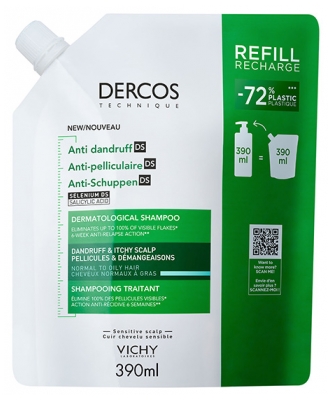 Vichy Dercos Pret-blaugznu Ārstnieciskais Šampūns Normāliem/Taukainiem Matiem Eco-Uzlāde 390 ml