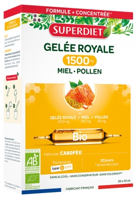 Superdiet Matični mleček 1500 Med Cvetni prah Bio 20 Ampul