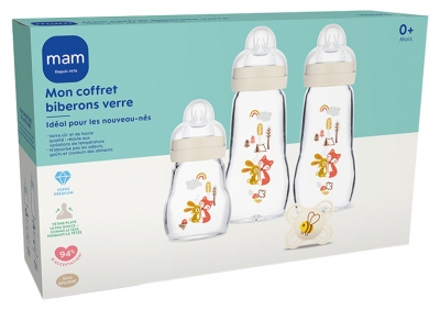 MAM 3 Glazen Zuigflessen en 1 Fopspeen Mijn Eerste 0 Maanden en Ouder set - Modellen: Konijn en vos 2