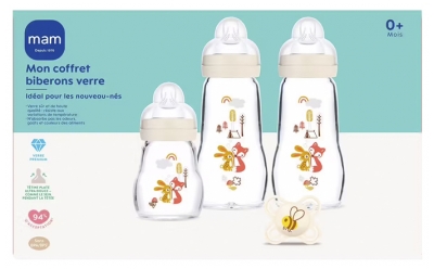 MAM 3 Biberons en Verre et 1 Sucette Mon Premier Coffret 0 Mois et + - Modèle : Lapin et Renard 1