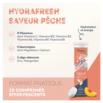 Hydrafresh Hidratación y Energía 20 Comprimidos Efervescentes - Sabor: Melocotón
