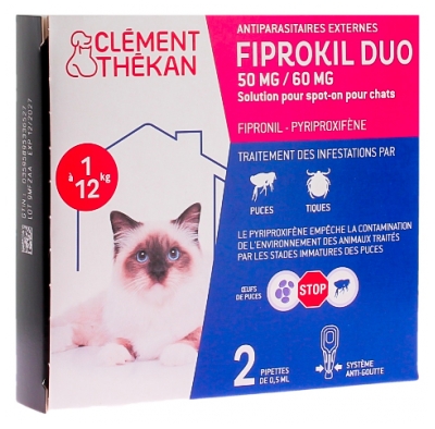 Clément Thékan Fiprokil Duo Antiparasitaire Chat 1 à 12 kg 2 Pipettes