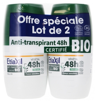 Etiaxil Déodorant Anti-Transpirant Végétal 48h Roll-On Bio Lot de 2 x 50 ml - Senteur : Thé Vert