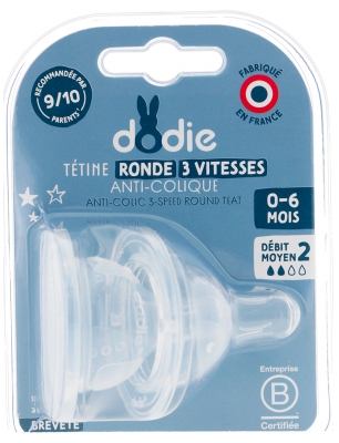 Dodie 2 Tétines Rondes 3 Vitesses Anti-Colique Débit Moyen 0-6 Mois