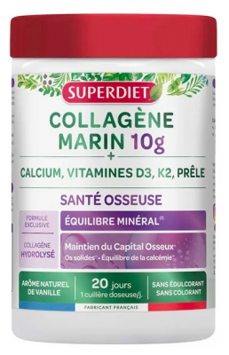 Superdiet Collagène Marin 10 g + Calcium, Vitamine D3, K2, Prêle 240 g