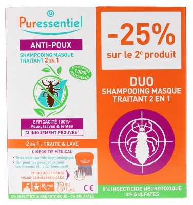 Puressentiel Anti-pidocchi Shampoo Maschera Trattamento 2 in 1 Confezione da 2 x 150 ml