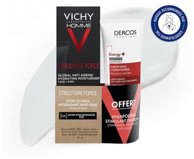 Vichy Homme Structure Force Soin Global Hydratant Anti-Âge 50 ml + Dercos Energy+ Shampoing 50 ml Offert
