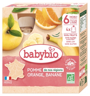 Babybio Jabolko Pomaranča Banana 6 Mesecev in + Bio 4 Vrečke