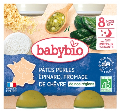 Babybio Gute Nacht Nudeln Perlen Spinat Ziegenkäse 8 Monate und + Bio 2 Gläser à 200 g