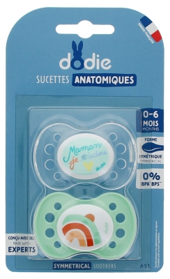 Dodie 2 Sucettes Anatomiques Silicone 0-6 Mois - Modèle : Maman + Arc-en-Ciel