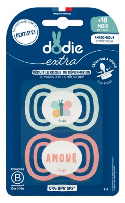 Dodie Extra 2 Sucettes Anatomiques Symmetrical + 18 Mois - Modèle : Papillon/Amour
