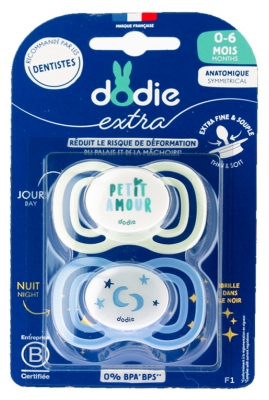 Dodie Extra 2 Sucettes Anatomiques Symmetrical Jour Nuit 0-6 Mois - Modèle : Petit Amour Vert/Étoiles & Lune Bleues