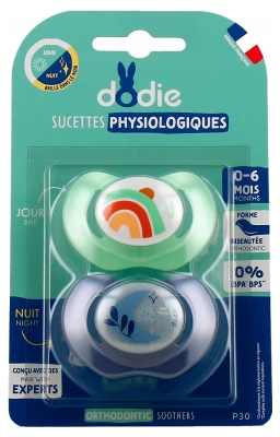 Dodie 2 Sucettes Physiologiques Silicone Jour Nuit 0-6 Mois