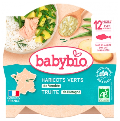 Babybio Cocotte iz zelene fižola, postrvi 12 mesecev in več Bio 230 g