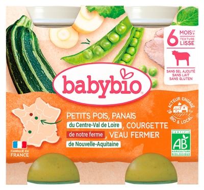 Babybio Erbsen Pastinaken Zucchini Kalbfleisch vom Bauernhof 6 Monate und + Bio 2 Gläser à 200 g