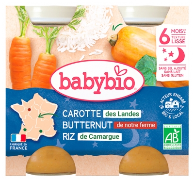 Babybio Goedenacht Wortel Butternut Rijst 6 Maanden en + Biologisch 2 x 200 g Potten