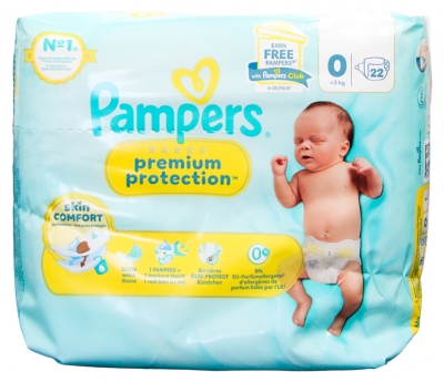 Pañales Pampers Premium Protection Skin Comfort 22 Talla 0 (3 kg y -)