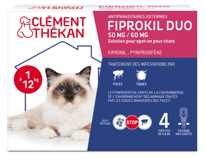 Clément Thékan Fiprokil 50 mg/60 mg Duo Antiparasitaire Chat 1 à 12 kg 4 Pipettes