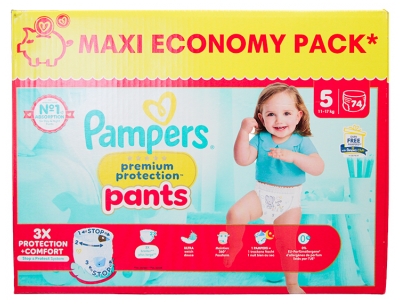 Pañales Pampers Premium Protection Talla 5 Maxi Pack 74 (11-17 kg)