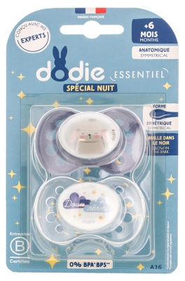 Dodie 2 Sucettes Anatomiques Silicone Nuit 6 Mois et + - Modèle : Doux Rêves et Lapin