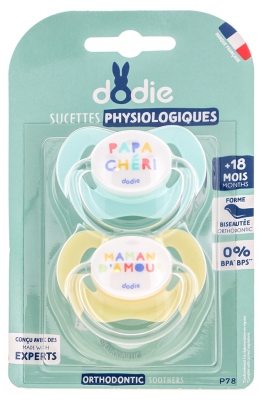 Dodie 2 Succhietti Fisiologici in Silicone 18 mesi in + - Modello: P78 : Mamma d'amore e papà Chéri