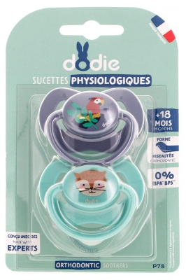 Dodie 2 Succhietti Fisiologici in Silicone 18 mesi in + - Modello: P78: Pappagallo e volpe