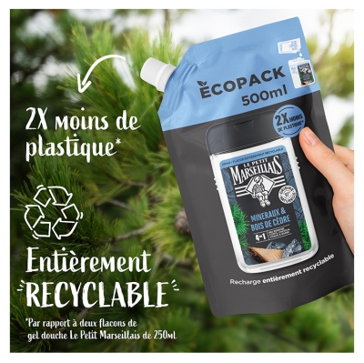 Le Petit Marseillais Gel Douche Rafraîchissant 4en1 Minéraux & Bois de Cèdre Éco-Recharge 500 ml