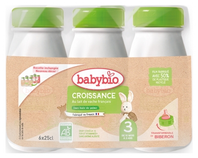 Babybio Crecimiento con Leche de Vaca Francesa 3 de 10 Meses a 3 años Bio 6 Botellas de 25 cl