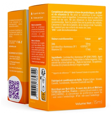 Nutri&Co Pour les Enfants Probiotiques Vitamine D et Oméga 3 15 ml
