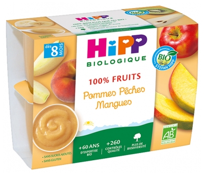 HiPP 100% Frugt Æbler Ferskner Mango fra 8 måneder Øko 4 bægre