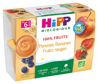 HiPP 100% Fruits Pommes Bananes Fruits Rouges dès 6 Mois Bio 4 Pots