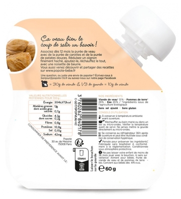 Popote Knijpzakje Kalfsvleespuree Vanaf 4/6 Maanden Bio 60 g