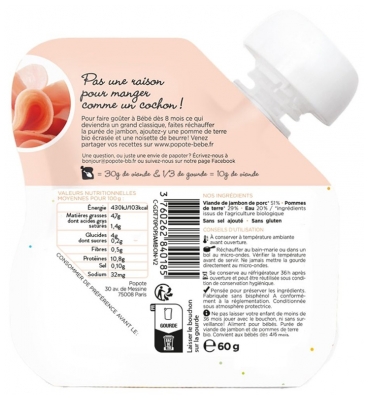 Popote Saszetka Purée z Szynki Od 4/6 Miesiąca Bio 60 g