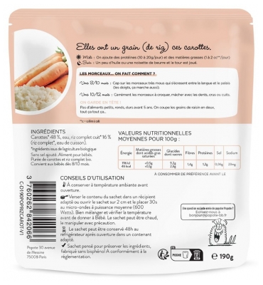 Popote Kleine Stückchen Karotten und Vollkornreis ab 8/10 Monaten Bio 190 g