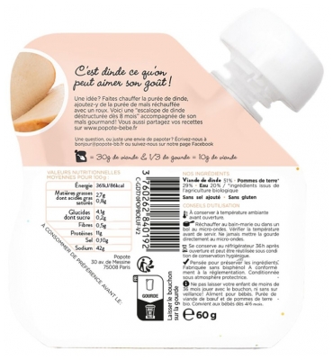 Popote Sacchetto Purea al Tacchino Da 4/6 Mesi Bio 60 g