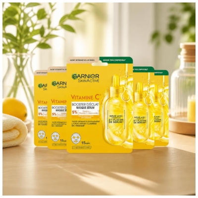 Garnier SkinActive Vitamin C Maska iz blaga Serum Pospeševalec sijaja, paket 5 x 28 ml