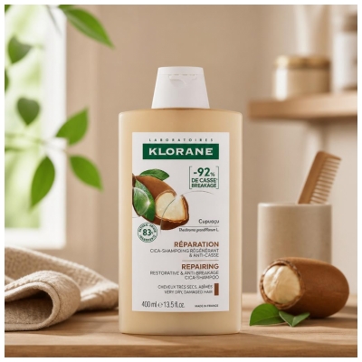 Klorane Korjaava Cica-shampoo, joka uudistaa ja ehkäisee katkeilua, Cupuaçu-uutteella, 400 ml